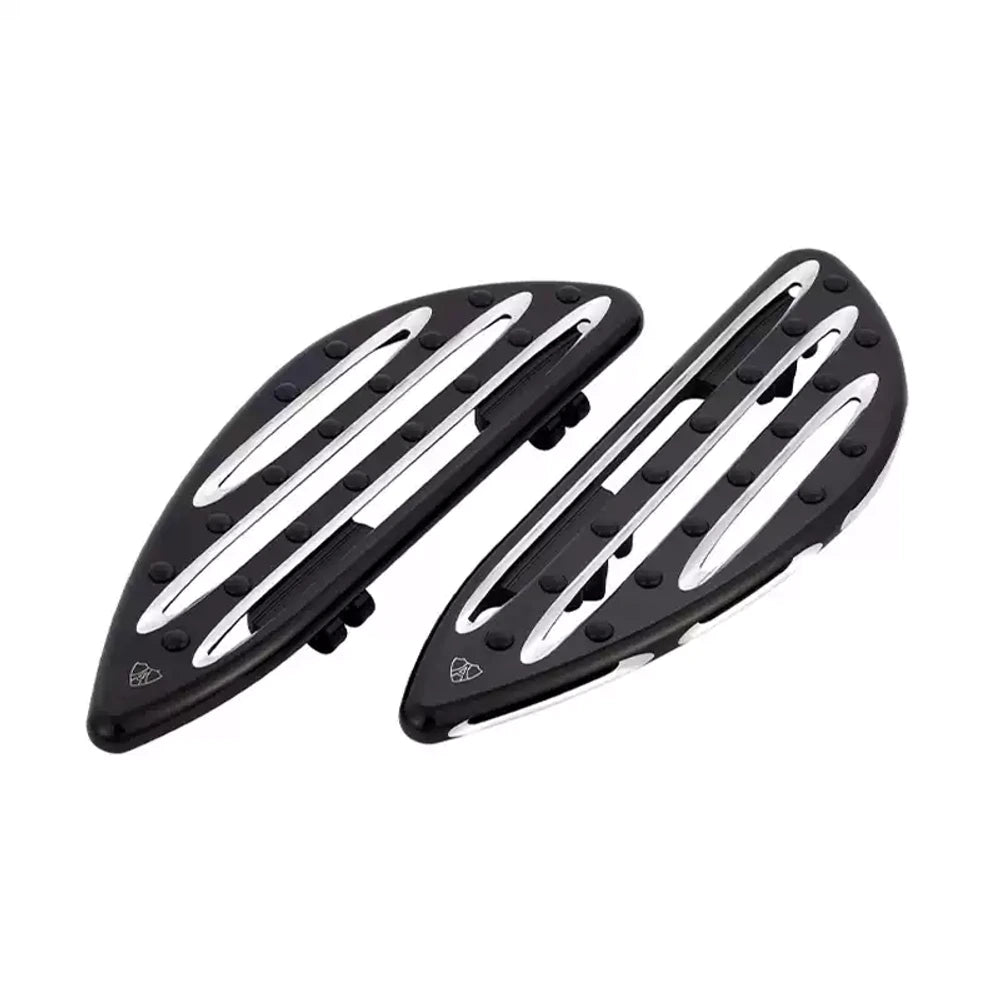 Pair of black CNC-machined Arlen Ness motorcycle footboards on a white background