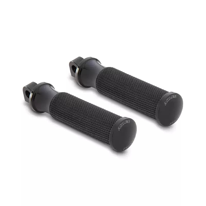 Pair of black smooth-style Arlen Ness Fusion foot pegs with physical end-cap engraving