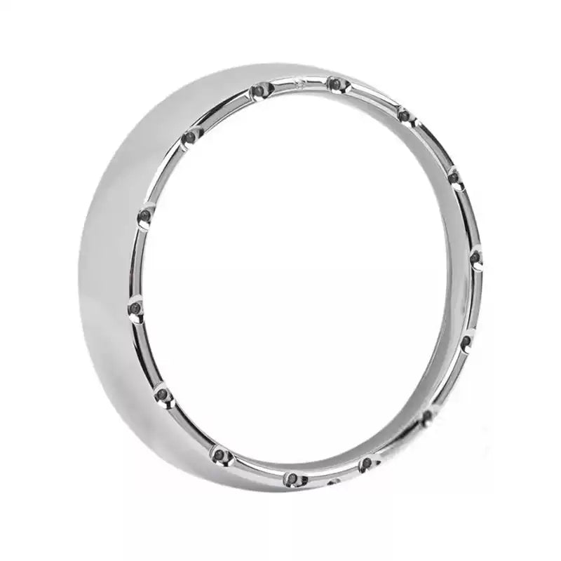 Chrome LED headlight bezel installed around a Harley motorcycle headlight
