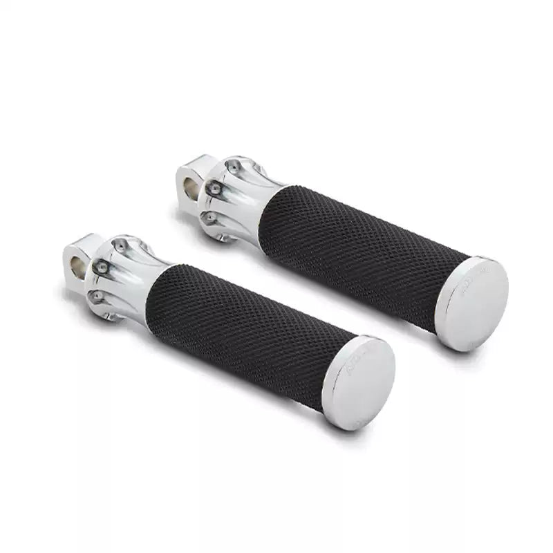 Pair of chrome smooth-style Arlen Ness Fusion foot pegs on white background