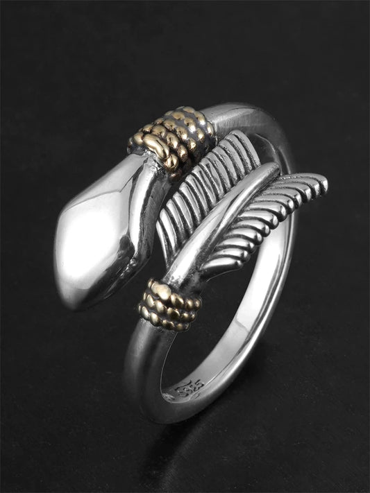 arrow feather open 925 sterling silver biker ring — front view