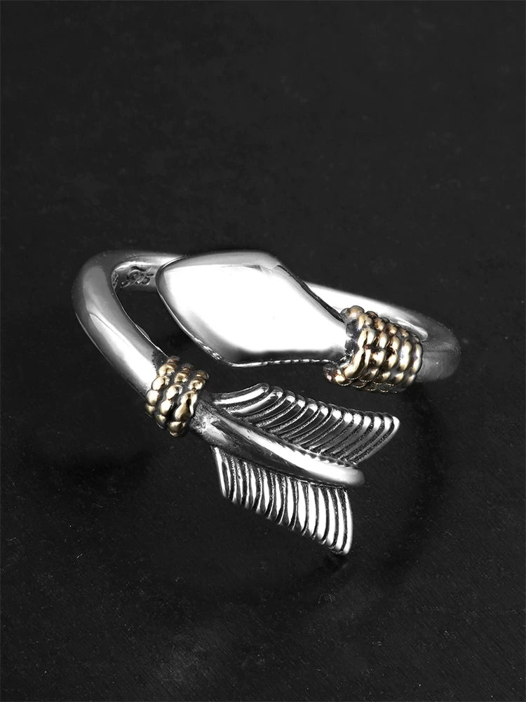 arrow feather open 925 sterling silver biker ring — side view