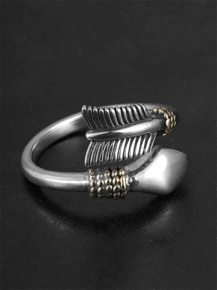 arrow feather open 925 sterling silver biker ring — on-hand view