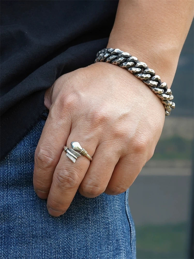 arrow feather open 925 sterling silver biker ring — wearing view