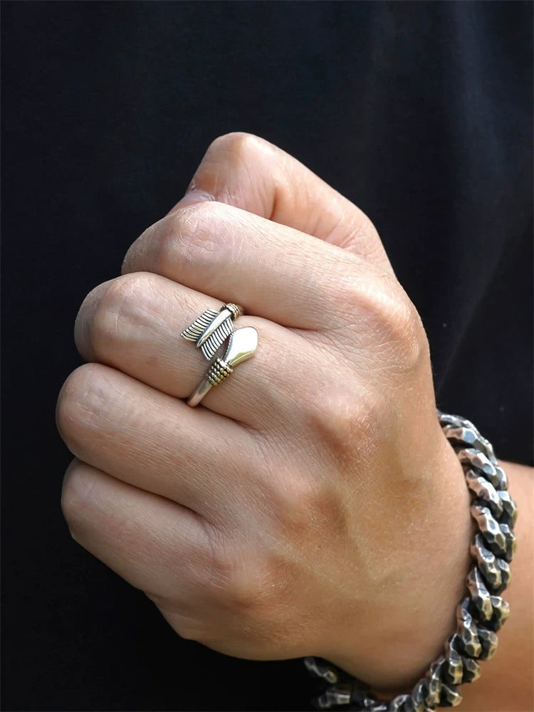 arrow feather open 925 sterling silver biker ring — detail view