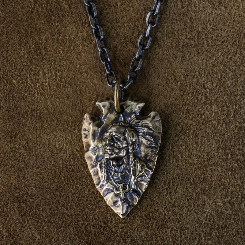 Bronze arrowhead chief portrait biker pendant with silver chain
