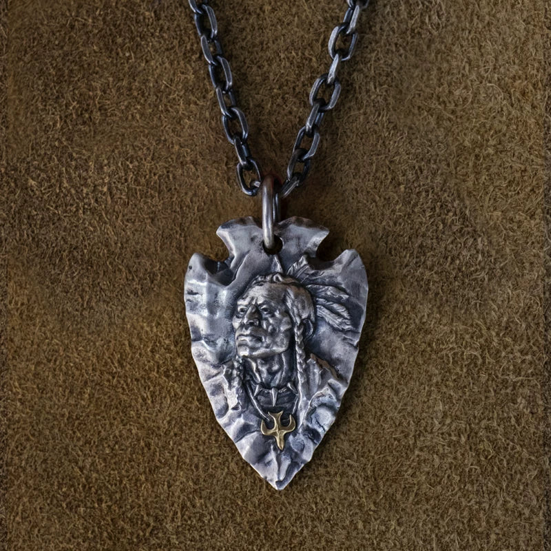 Sterling silver arrowhead chief portrait biker pendant with silver chain