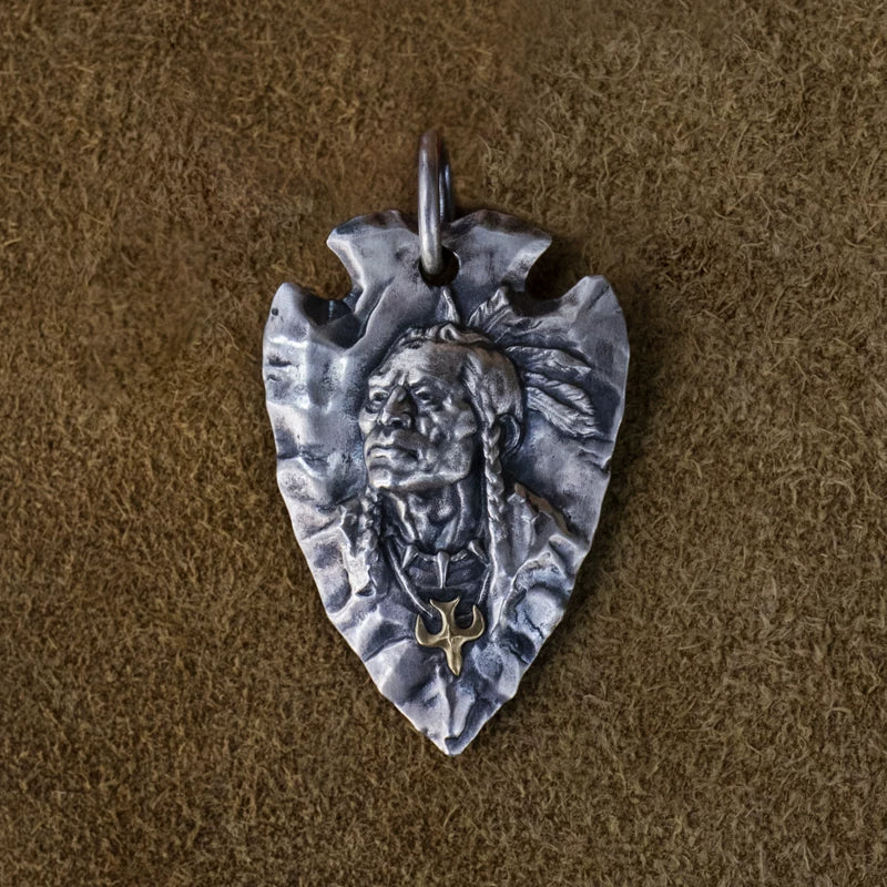 Arrowhead chief portrait sterling silver biker pendant front view