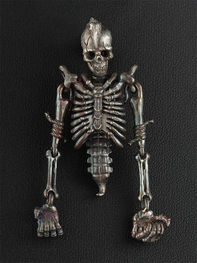 Articulated skeleton sterling silver biker pendant front view