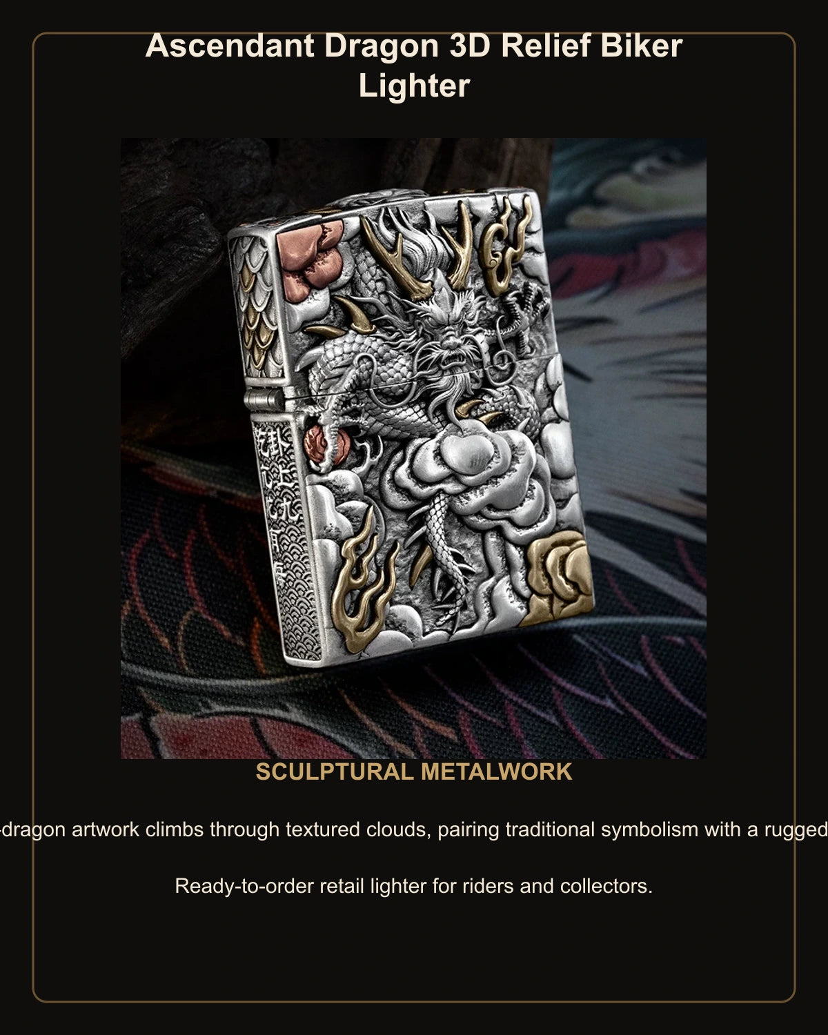 Ascendant Dragon 3D Relief Biker Lighter – English design story