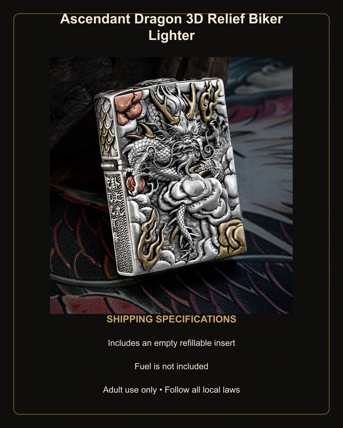 Ascendant Dragon 3D Relief Biker Lighter – empty refillable insert included and no fuel supplied
