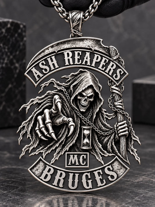 Ash Reapers custom stainless steel motorcycle club memorial pendant held respectfully in a clubhouse setting.