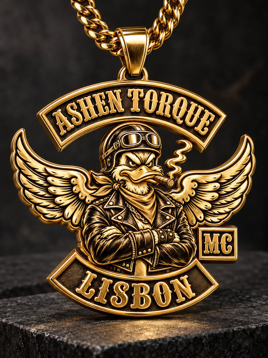 Gold-plated motorcycle club pendant concept with a raised Ashen Torque club emblem.