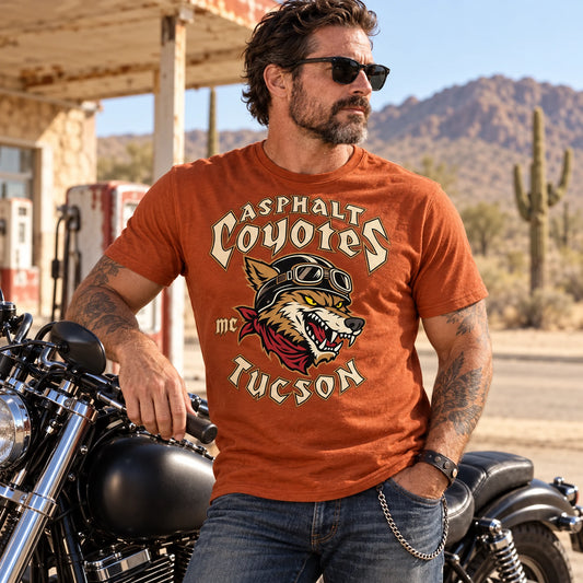 Asphalt Coyotes supporter T-shirt with a large front emblem at a desert service station.