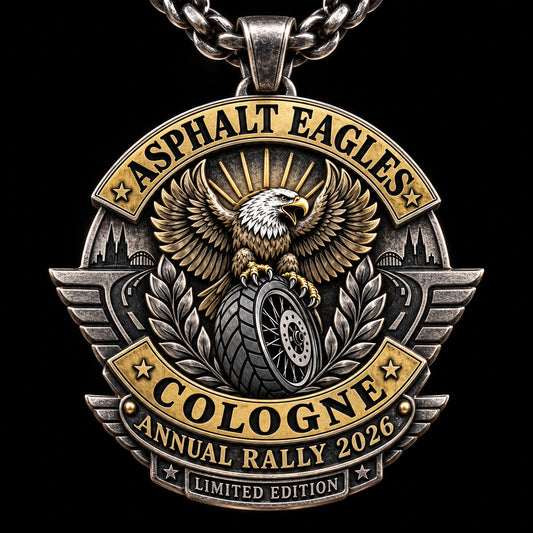 One Asphalt Eagles motorcycle club limited annual rally pendant marked Cologne 2026.
