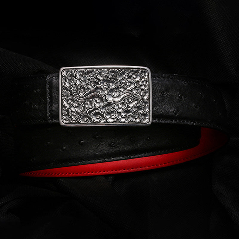 Auspicious Cloud Silver Ostrich Leather Biker Belt — product view