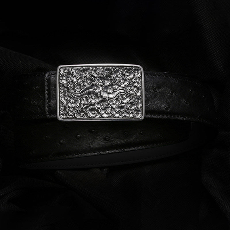 Auspicious Cloud Silver Ostrich Leather Biker Belt — detail view 1