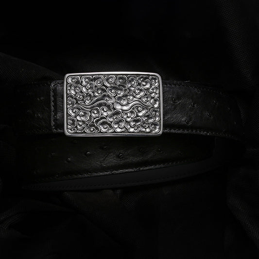 Auspicious Cloud Silver Ostrich Leather Biker Belt — detail view 1