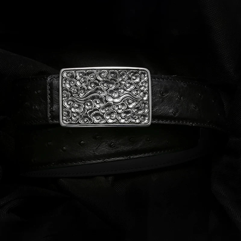 Auspicious Cloud Silver Ostrich Leather Biker Belt detail view 1