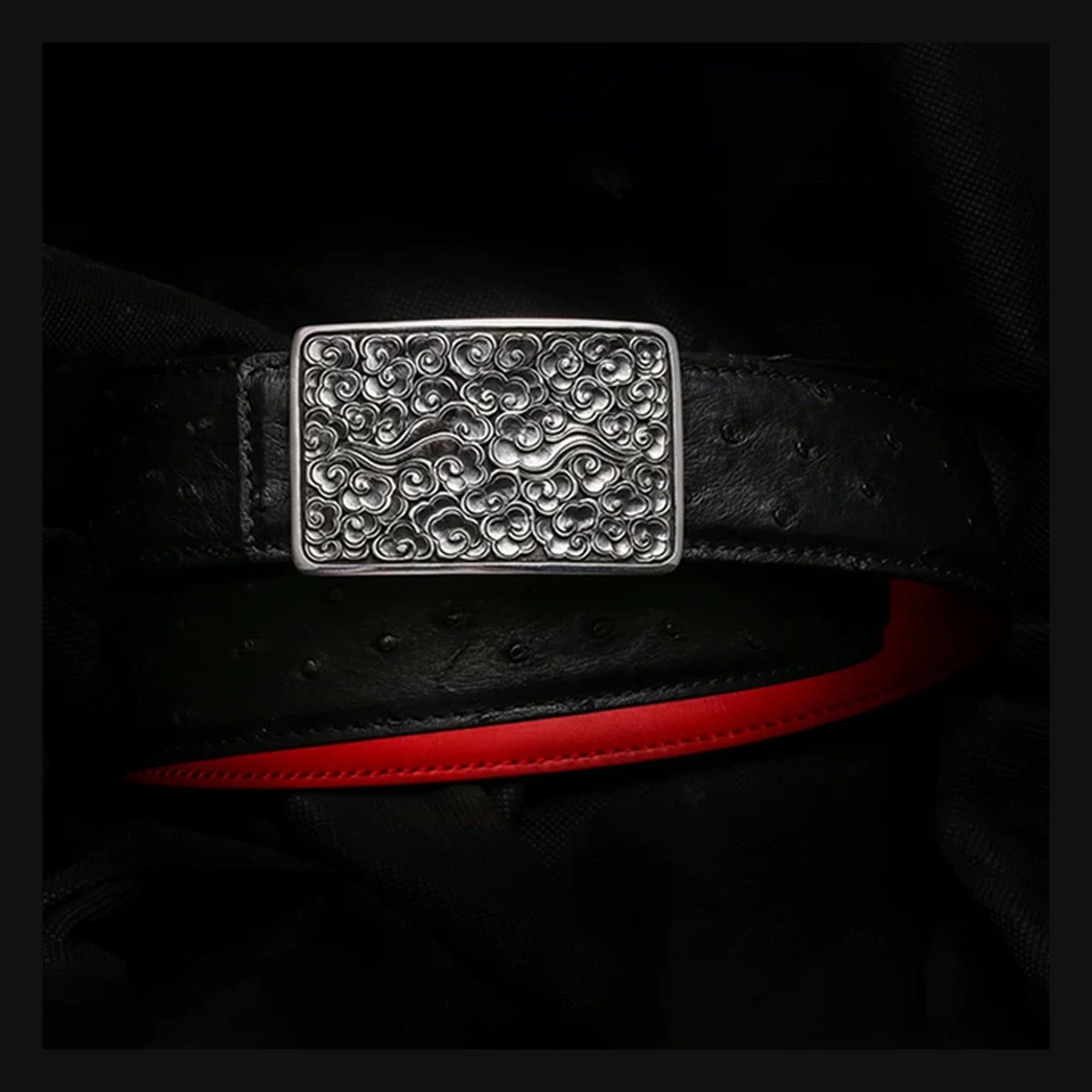Auspicious Cloud Silver Ostrich Leather Biker Belt product view
