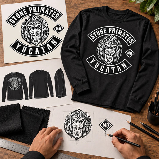 Authorized motorcycle club artwork, long-sleeve layout and designer tools on a production desk.