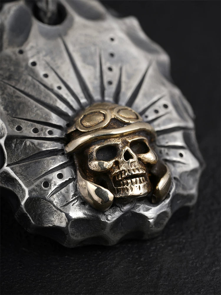 Aviator skull sterling silver biker pendant, sculpted detail