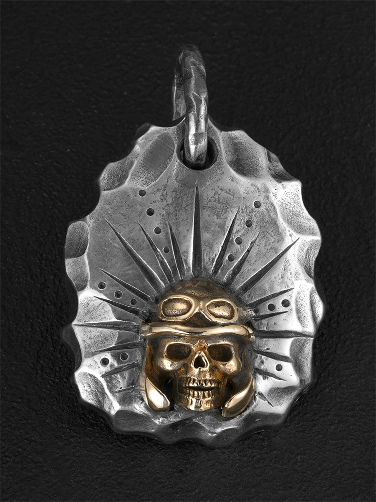 Aviator skull sterling silver biker pendant with gold-tone accents, front view