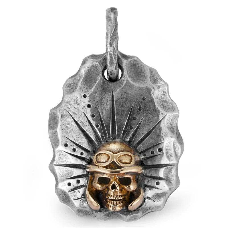 Aviator skull sterling silver biker pendant on white background