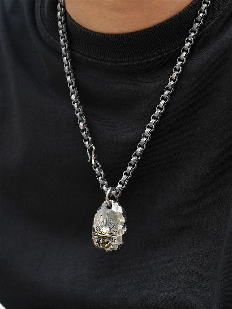 Aviator skull sterling silver biker pendant worn on chain