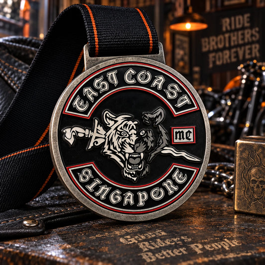 Gunmetal custom bike show award medal with premium black ribbon. Custom motorcycle club medal.