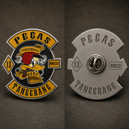 Custom club backstamp featuring a custom metal motorcycle club badge made with an approved club logo.