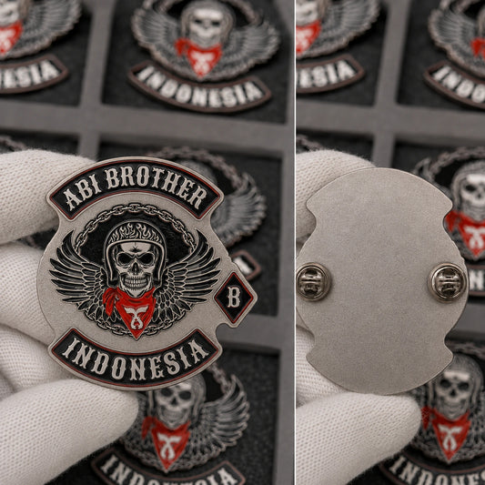Member identification or plain-back option featuring a custom metal motorcycle club badge made with an approved club logo.