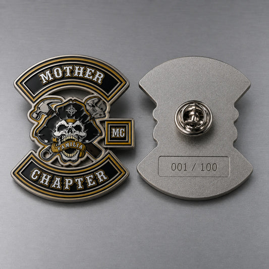 Individual serial number featuring a custom metal motorcycle club badge made with an approved club logo.