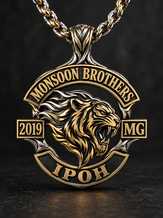 Monsoon Brothers Ipoh custom motorcycle club pendant with a decorative integrated bail fitted to a rope chain.