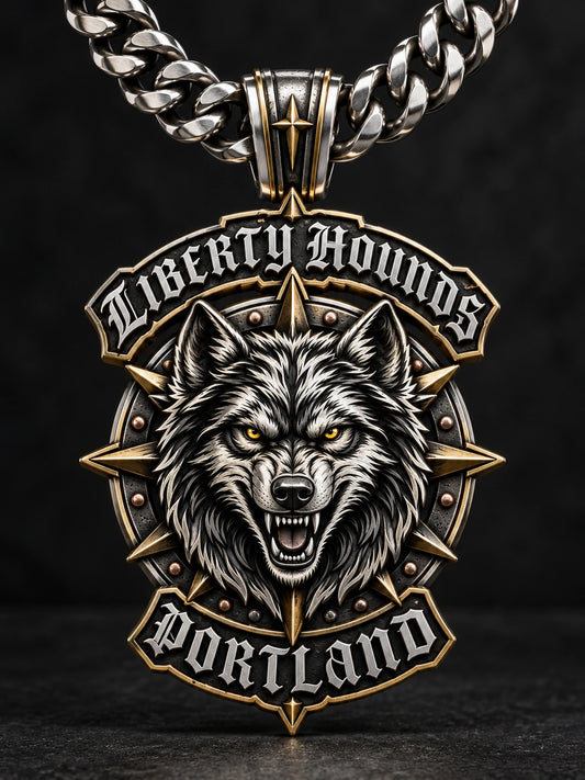 Liberty Hounds Portland custom motorcycle club pendant with a reinforced wide bail fitted to a heavy Cuban chain.