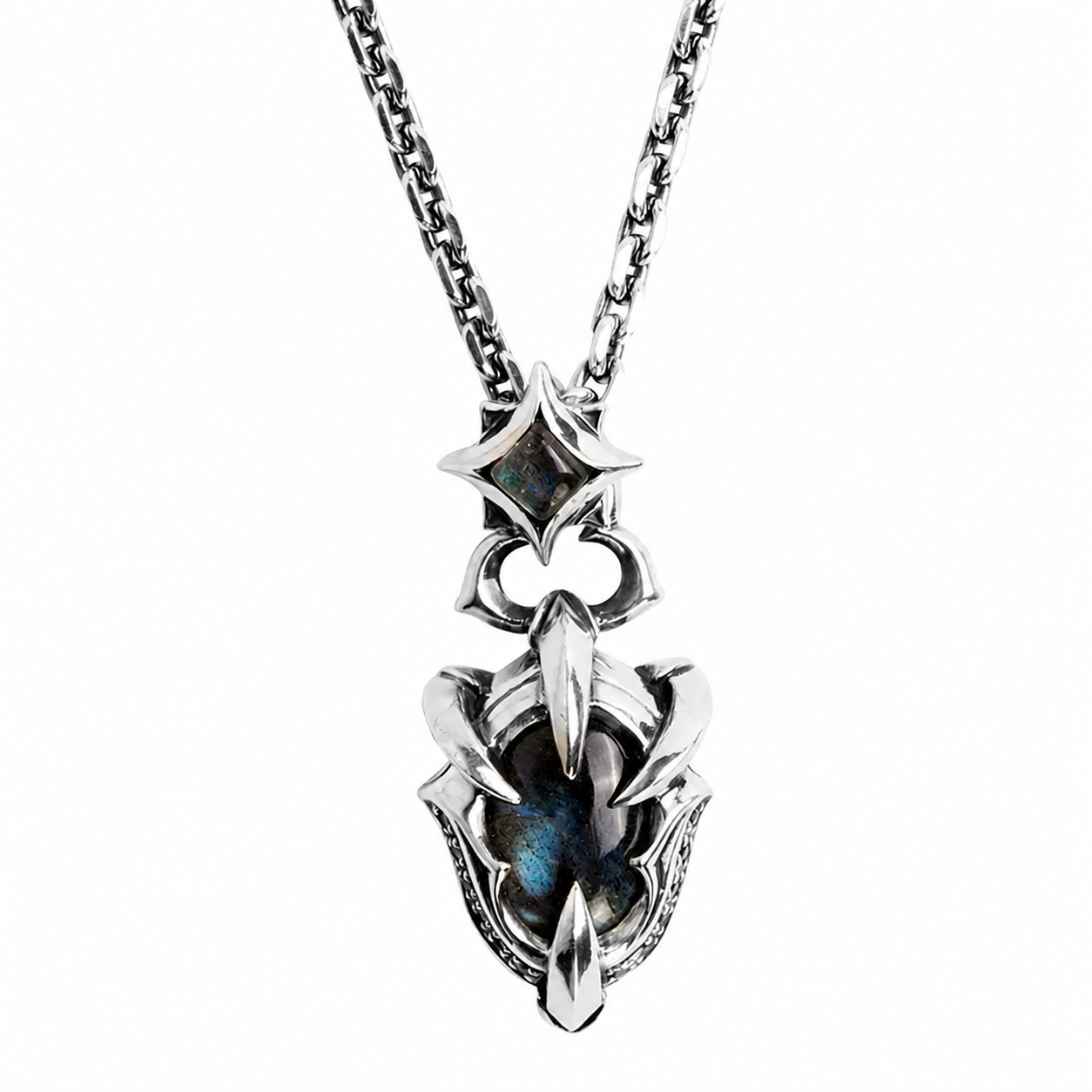 Beast claw labradorite sterling silver biker pendant with articulated links