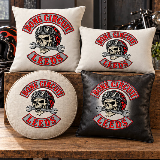 Square lumbar and round motorcycle club cushions demonstrate multiple custom options.