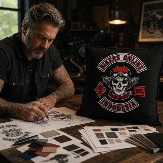 Designer prepares a custom motorcycle club logo cushion with free design support.