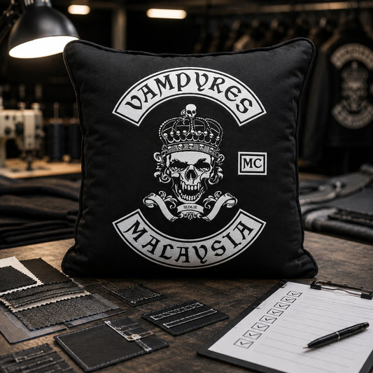 Motorcycle club logo cushion sample displayed with fabric and stitching options.