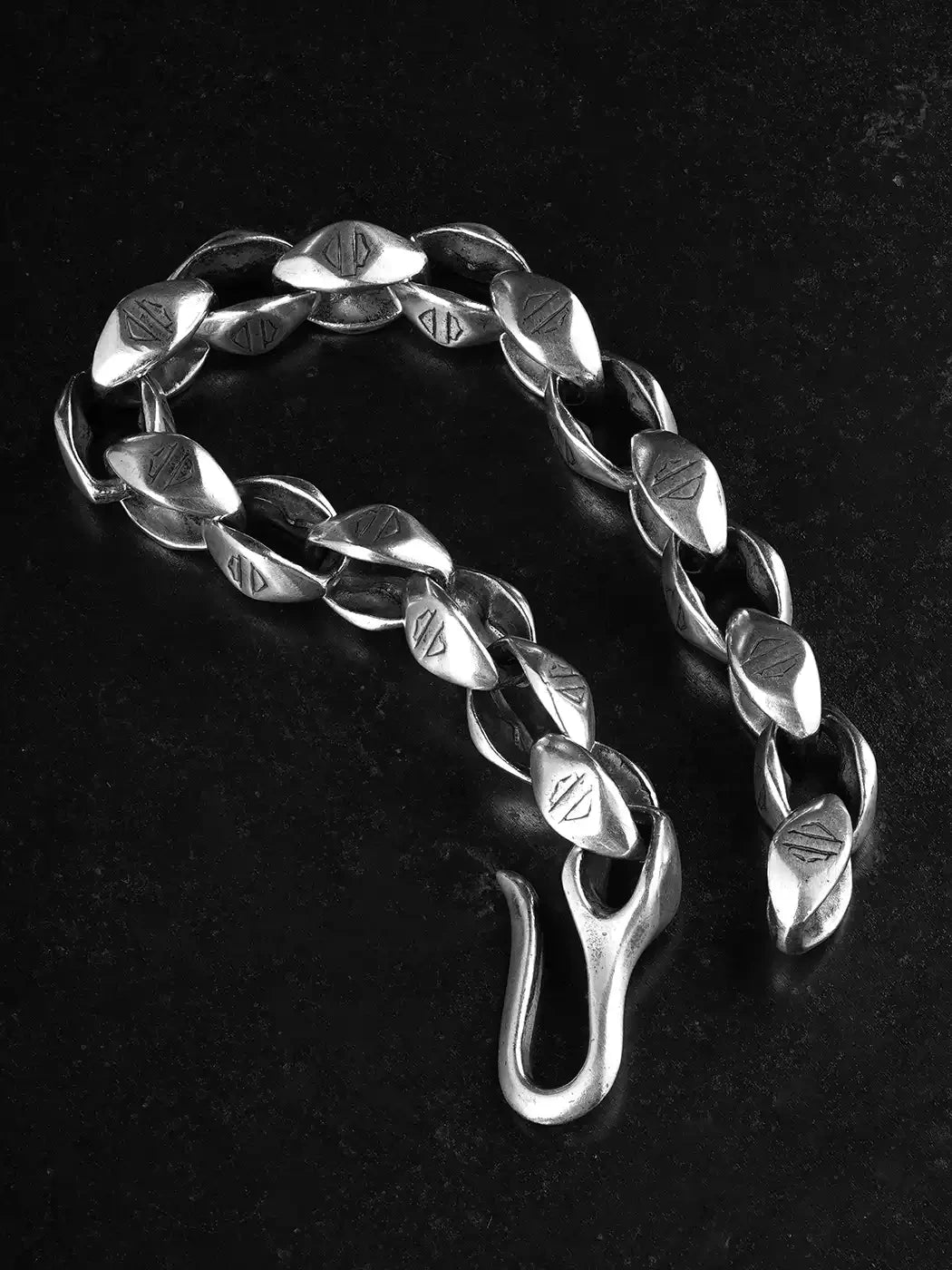 sterling silver motorcycle bracelet with sculpted hook clasp
