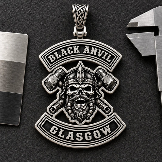 Black Anvil Glasgow motorcycle club stainless steel pendant concept ready for approval.