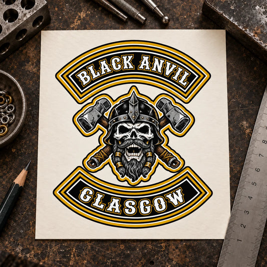 Authorized Black Anvil Glasgow motorcycle club artwork prepared for a custom pendant project.
