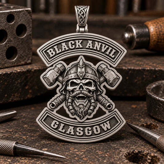 Black Anvil Glasgow motorcycle club pendant design proof shown from the front.