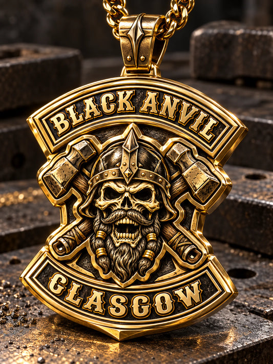 Shield-shaped gold-plated Black Anvil motorcycle club pendant concept.