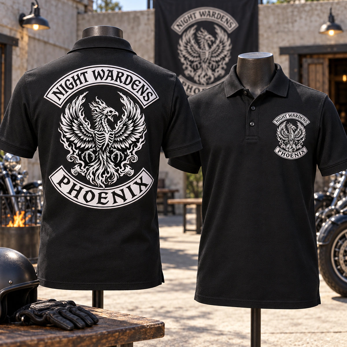 Black Night Wardens Phoenix polo samples show a chest emblem and complete large back logo against a pale clubhouse courtyard.