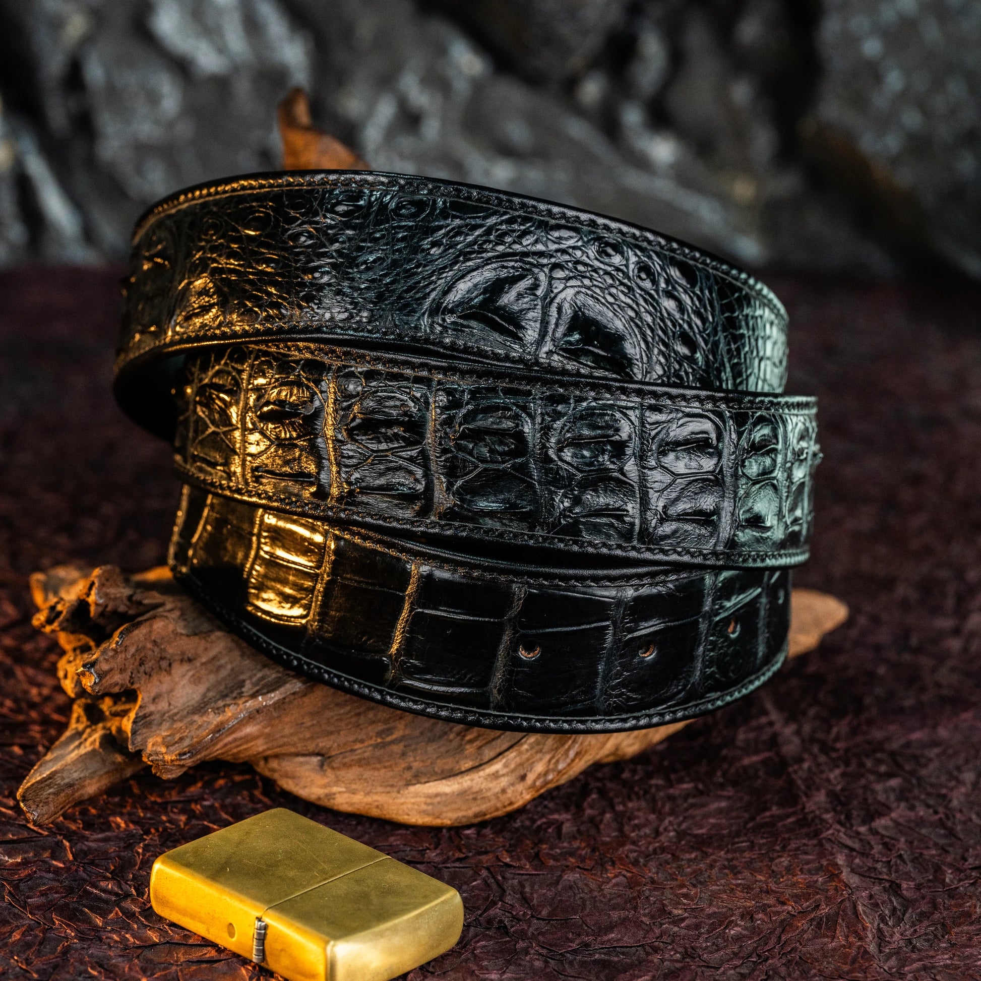 black Siamese crocodile leather belt option with textured finish
