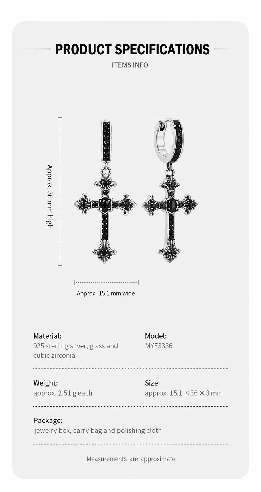 Black crystal Gothic cross drop earrings specifications