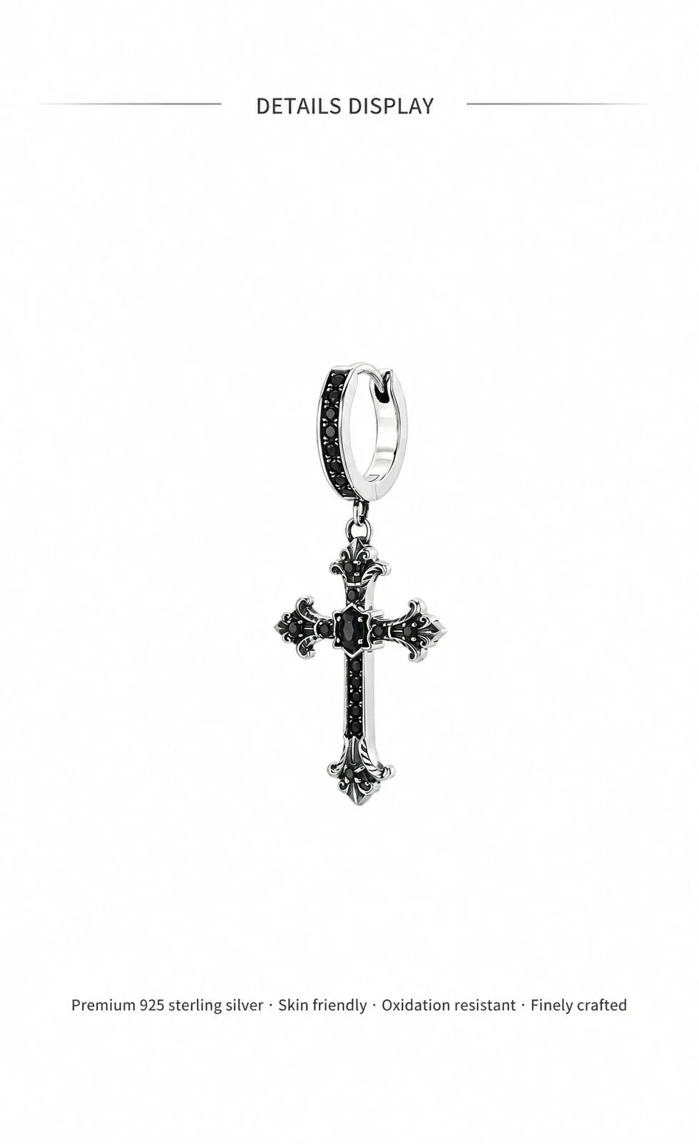 Black crystal Gothic cross drop earrings sterling silver details
