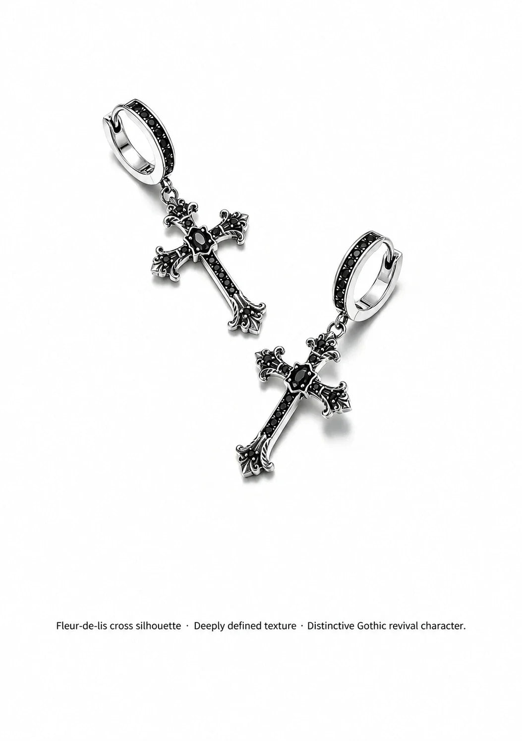Black crystal Gothic cross drop earrings texture details