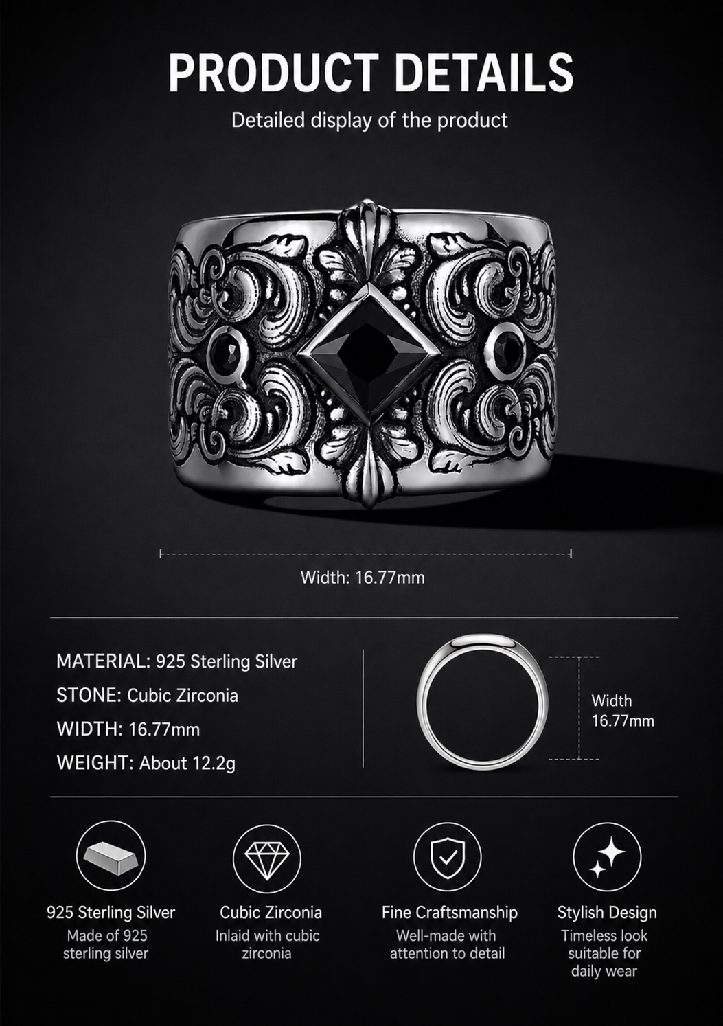 Black Cubic Zirconia Sterling Silver Ring - English product detail 7
